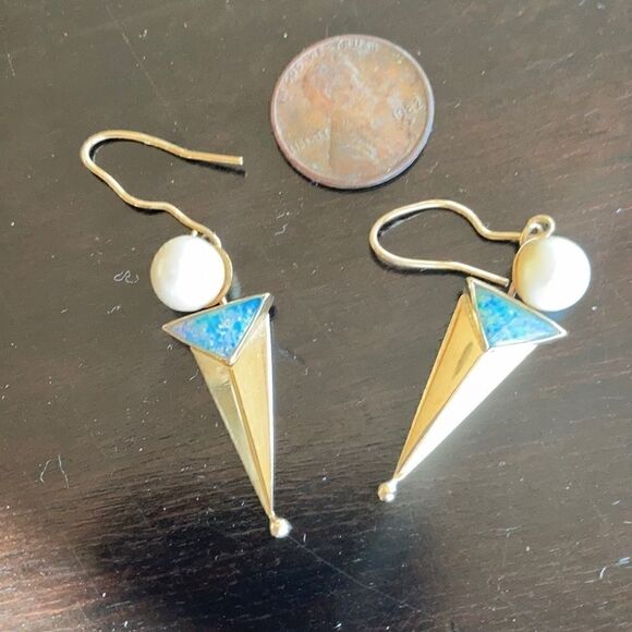Vintage Gold Earrings Genuine 14K Gold Real Pearl Genuine Opal Artisan Earrings - Picture 3 of 16